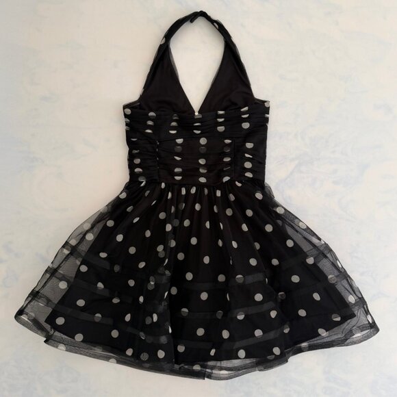 Betsey Johnson Black & White Polka Dot Tulle Mesh Flare Halter Dress - Picture 2 of 8